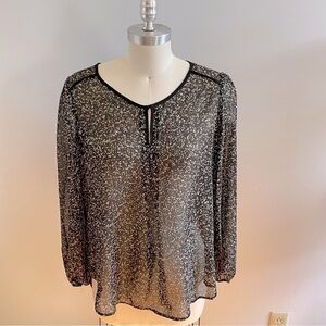 Pleione Sheer Speckled Long Sleeve Pullover Blouse- Black- Size Medium